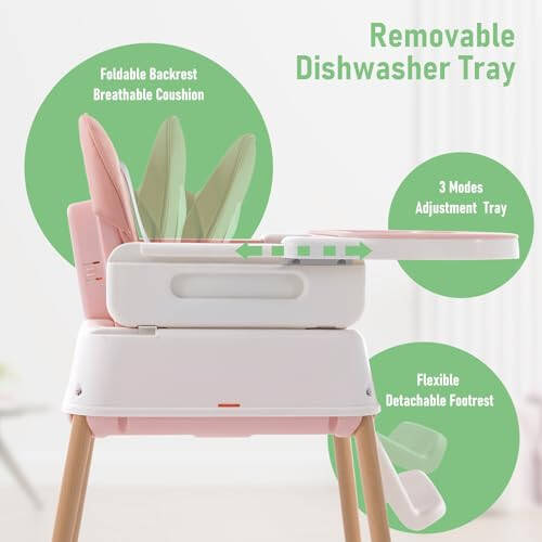 3 in 1 Baby High Chair, Portable High Chairs for Babies and Toddlers, Adjustable Convertible Infant Baby Feeding Chair Booster for Eating with Detachable Double Tray, 5 Point Harness, Footrest Pink - 36