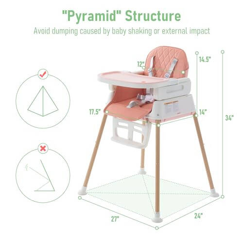 3 in 1 Baby High Chair, Portable High Chairs for Babies and Toddlers, Adjustable Convertible Infant Baby Feeding Chair Booster for Eating with Detachable Double Tray, 5 Point Harness, Footrest Pink - 26