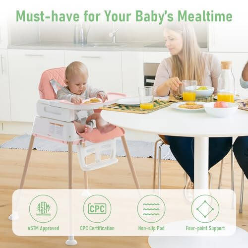 3 in 1 Baby High Chair, Portable High Chairs for Babies and Toddlers, Adjustable Convertible Infant Baby Feeding Chair Booster for Eating with Detachable Double Tray, 5 Point Harness, Footrest Pink - 27