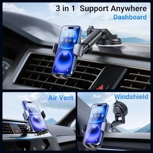 3-in-1 Car Phone Holder [122+LBS Strongest Suction & Stable Clamp Arm] 360° Adjustable Car Phone Mount, Cell Phone Holders for Your Car for Dashboard Windshield Vent, All Smartphones & All Car Models - 3