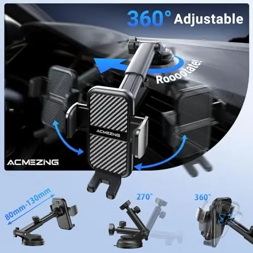 3-in-1 Car Phone Holder [122+LBS Strongest Suction & Stable Clamp Arm] 360° Adjustable Car Phone Mount, Cell Phone Holders for Your Car for Dashboard Windshield Vent, All Smartphones & All Car Models - 4