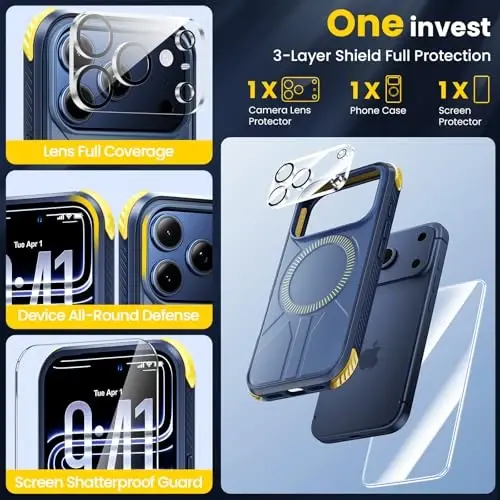 3 in 1 for Heavy Duty iPhone 17 Pro Max Case with Screen Protector & Camera Lens Protector ,7X Military-Grade Drop Protection ,Fits MagSafe ,Rugged & Slim shockproof Case for iPhone 17 Pro Max , Blue - 2