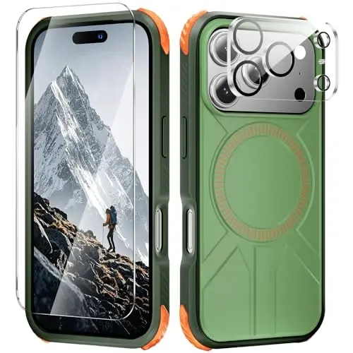 3 in 1 for Heavy Duty iPhone 17 Pro Max Case with Screen Protector & Camera Lens Protector ,7X Military-Grade Drop Protection ,Fits MagSafe ,Rugged & Slim shockproof Case for iPhone 17 Pro Max ,Green - 1