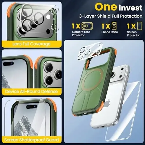 3 in 1 for Heavy Duty iPhone 17 Pro Max Case with Screen Protector & Camera Lens Protector ,7X Military-Grade Drop Protection ,Fits MagSafe ,Rugged & Slim shockproof Case for iPhone 17 Pro Max ,Green - 4