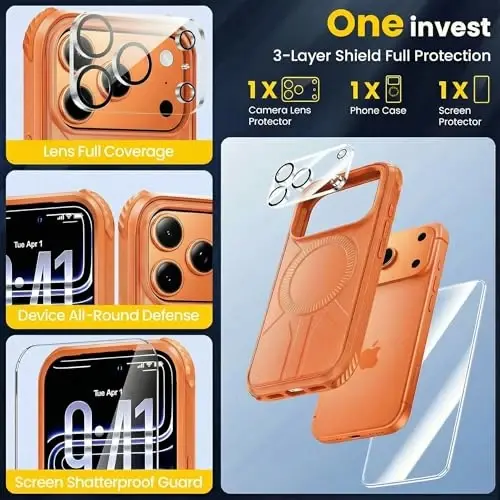 3 in 1 for Heavy Duty iPhone 17 Pro Max Case with Screen Protector & Camera Lens Protector ,7X Military-Grade Drop Protection ,Fits MagSafe ,Rugged & Slim shockproof Case for iPhone 17 Pro Max, Orange - TIGOWOS (1)