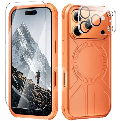 3 in 1 for Heavy Duty iPhone 17 Pro Max Case with Screen Protector & Camera Lens Protector ,7X Military-Grade Drop Protection ,Fits MagSafe ,Rugged & Slim shockproof Case for iPhone 17 Pro Max, Orange - TIGOWOS