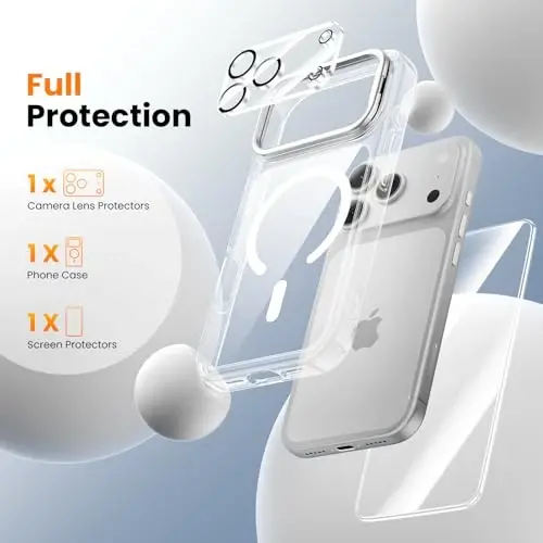 3-in-1 for iPhone 17 Pro Case with Frame Stand[1 Screen Protector & 1 Camera Lens Protector ][Not Yellowing][Fits MagSafe][[3X Military-Grade Drop Protection]Slim Case for iPhone 17 Pro (Clear） - 3