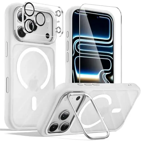 3-in-1 for iPhone 17 Pro Max Case with Camera Stand [1 Screen Protector & 1 Camera Lens Protector ][Fits MagSafe][Shockproof & Magnetic][Translucent Matte]Fashion Phone Case for 17 Pro Max(Silver) 