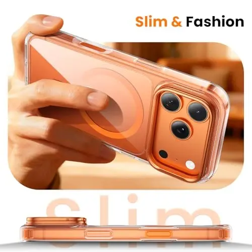 3-in-1 for iPhone 17 Pro Max Case with Frame Stand[1 Screen Protector & 1 Camera Lens Protector ][Not Yellowing][Military-Grade Drop Protection][Fits MagSafe][Shockproof & Magnetic] (Clear-Orange) 