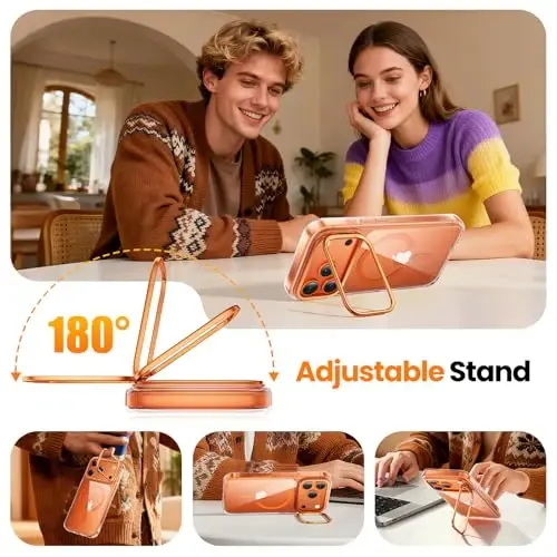 3-in-1 for iPhone 17 Pro Max Case with Frame Stand[1 Screen Protector & 1 Camera Lens Protector ][Not Yellowing][Military-Grade Drop Protection][Fits MagSafe][Shockproof & Magnetic] (Clear-Orange) - 2