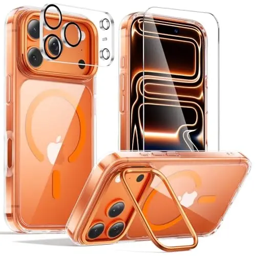 3-in-1 for iPhone 17 Pro Max Case with Frame Stand[1 Screen Protector & 1 Camera Lens Protector ][Not Yellowing][Military-Grade Drop Protection][Fits MagSafe][Shockproof & Magnetic] (Clear-Orange) - TIGOWOS