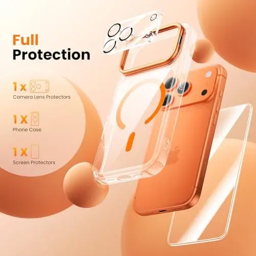 3-in-1 for iPhone 17 Pro Max Case with Frame Stand[1 Screen Protector & 1 Camera Lens Protector ][Not Yellowing][Military-Grade Drop Protection][Fits MagSafe][Shockproof & Magnetic] (Clear-Orange) - 3
