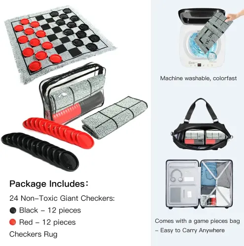 3 in 1 Giant Checkers & Mega Tic Tac Toe with Reversible Mat – Jumbo Classic Board Games for Family Fun, Indoor/Outdoor Activity for Kids and Adults - 1