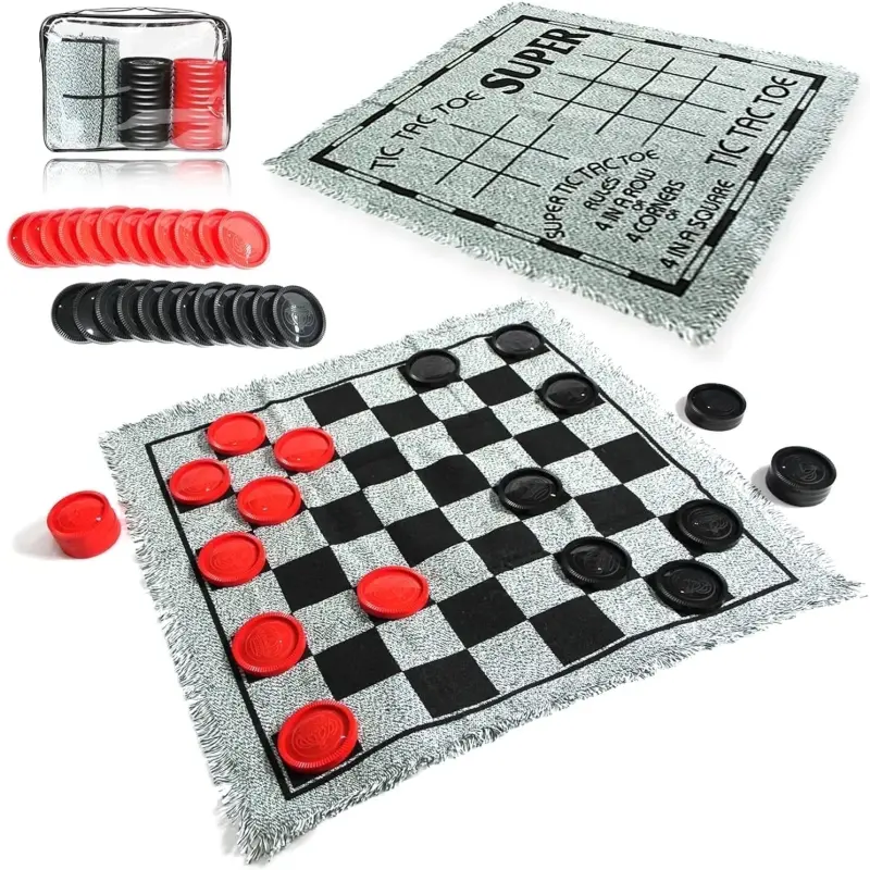 3 in 1 Giant Checkers & Mega Tic Tac Toe with Reversible Mat – Jumbo Classic Board Games for Family Fun, Indoor/Outdoor Activity for Kids and Adults - 6