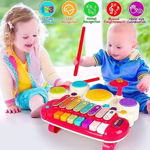 3 in 1 Musical Toys for Toddlers 1-3 Piano Xylophone Drum Set Toys for 1 2 3 Year Old Girls Birthday Music Instruments Baby Learning Developmental Sensory Toys Toddler Toys Age 1-2 2-3 - 4