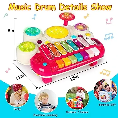 3 in 1 Musical Toys for Toddlers 1-3 Piano Xylophone Drum Set Toys for 1 2 3 Year Old Girls Birthday Music Instruments Baby Learning Developmental Sensory Toys Toddler Toys Age 1-2 2-3 - 6