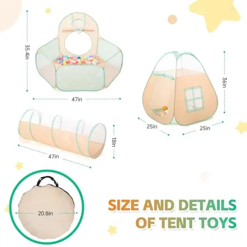 3 in 1 Pop Up Kids Play Tent with Tunnel and Ball Pit for Toddlers, Baby Toys for 1 2 3 Year Old Boys and Girls Birthday Gift, Indoor Outdoor Playhouse for Kids - 5