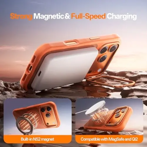 3-in-1 Set for iPhone 17 Pro Case with Camera Stand [1 Screen Protector & 1 Camera Lens Protector ][Fits MagSafe][Shockproof & Magnetic][Translucent Matte] Fashion Phone Case for 17 Pro (orange) - 5