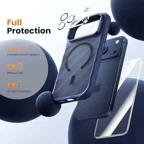 3-in-1 Set for iPhone 17 Pro Max Case with Camera Stand [1 Screen Protector & 1 Camera Lens Protector ][Fits MagSafe][Shockproof & Magnetic][Translucent Matte]Fashion Phone Case for 17 Pro Max(Blue) - 3