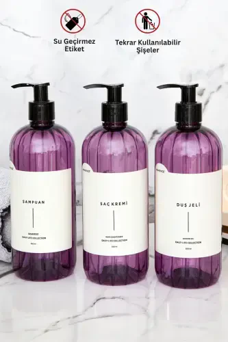 3-in-1 Shampoo Shower Gel Conditioner Labeled Plastic Bottle Bathroom Set Purple Soap Dispenser 500 ml-PURPLE - 8