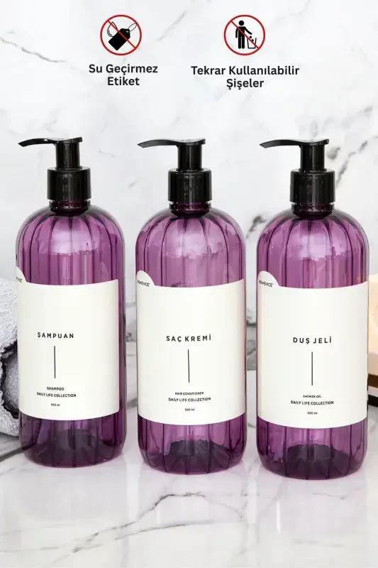 3-in-1 Shampoo Shower Gel Conditioner Labeled Plastic Bottle Bathroom Set Purple Soap Dispenser 500 ml-PURPLE - 8