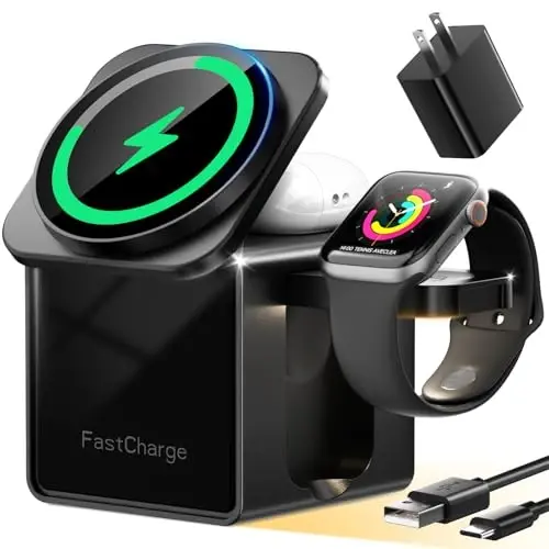 3-in-1 Wireless Charging Station for MagSafe, Fast 15W Magnetic Charger Stand for iPhone 17 16 15 14 13 12, Apple Watch & AirPods, Foldable Travel Charger with Night Light (18W Adapter Included) - 1