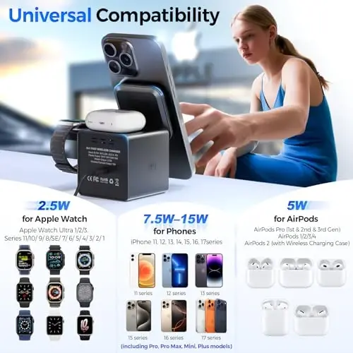3-in-1 Wireless Charging Station for MagSafe, Fast 15W Magnetic Charger Stand for iPhone 17 16 15 14 13 12, Apple Watch & AirPods, Foldable Travel Charger with Night Light (18W Adapter Included) - 3