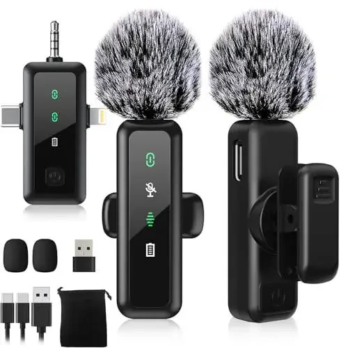 3 IN 1 Wireless Lavalier Microphones for iPhone/Android/Camera Devices(Lightning/USBC/3.5 mm Jack), 2 Pack Mini LED Display Lapel Mic with Mute/Reverb/Noise Reduction for TikTok/YouTube/Vlog Recording - 6