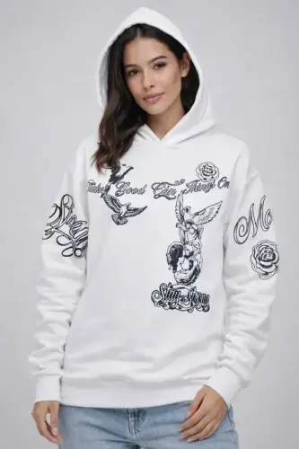 3 İplik Pamuklu Kapüşonlu Baskılı SweatShirt Hoodie - Beyaz - 3
