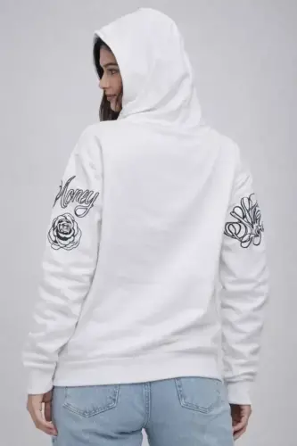 3 İplik Pamuklu Kapüşonlu Baskılı SweatShirt Hoodie - Beyaz - BÜYÜKBEDENIZ (1)