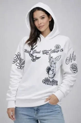 3 İplik Pamuklu Kapüşonlu Baskılı SweatShirt Hoodie - Beyaz - 1