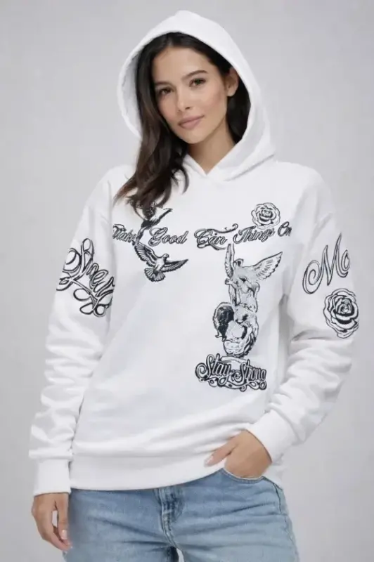 3 İplik Pamuklu Kapüşonlu Baskılı SweatShirt Hoodie - Beyaz - BÜYÜKBEDENIZ