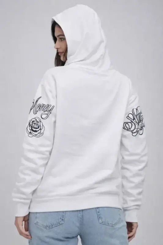 3 İplik Pamuklu Kapüşonlu Baskılı SweatShirt Hoodie - Beyaz - 2