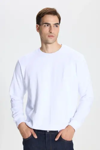 3 Iplik Sıcak Tutan Pamuklu Standart Fit Normal Kesim Bisiklet Yaka Erkek Beyaz Sweatshirt - Beyaz - 1