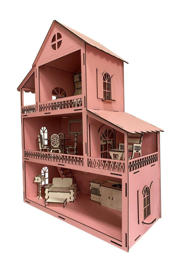 3 Katlı Ahşap Barbie Çocuk Oyun Evi Pembe Eşyalı - 32