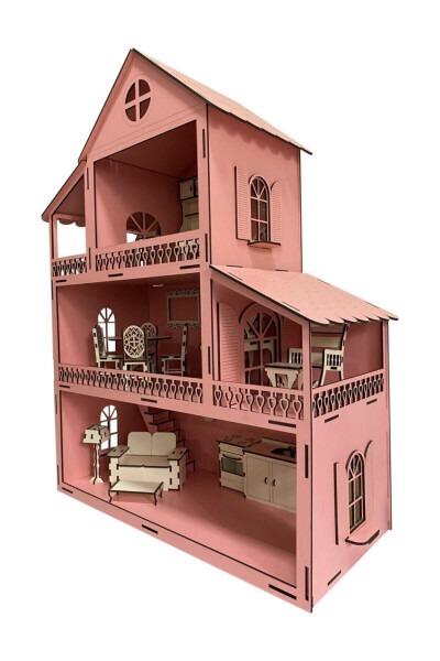 3 Katlı Ahşap Barbie Çocuk Oyun Evi Pembe Eşyalı - 20