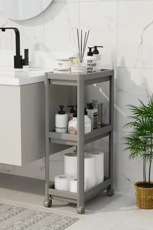 3 Katlı Banyo Raf Ünitesi (PEGGY) Beyaz Banyo Düzenleyici Şampuanlık Havluluk Dolap ( Gri )-GRİ - 2