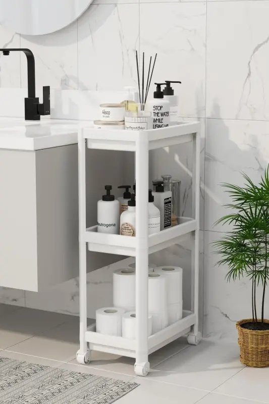 3 Katlı Banyo Raf Ünitesi (PEGGY) Beyaz Banyo Düzenleyici Şampuanlık Havluluk Dolap(BEYAZ) - Beyaz - 2
