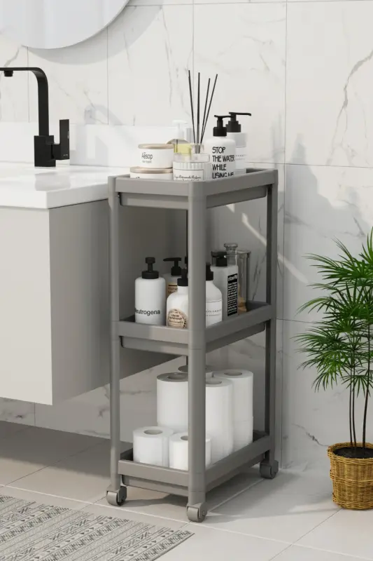 3 Katlı Banyo Raf Ünitesi (PEGGY) Gri Banyo Düzenleyici Şampuanlık Havluluk Dolap(GRİ)-Gri - 4