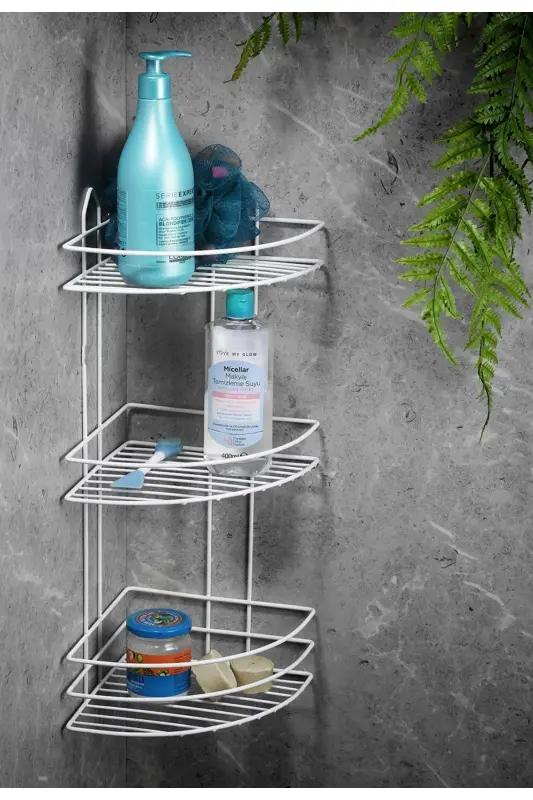 3 Katlı Beyaz Yapışkanlı Banyo Köşeliği Düzenleyici, Şampuanlık, Metal Köşelik Duş Rafı-beyaz - 1