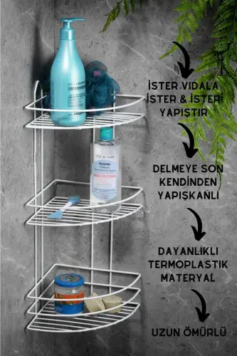 3 Katlı Beyaz Yapışkanlı Banyo Köşeliği Düzenleyici, Şampuanlık, Metal Köşelik Duş Rafı - beyaz - SAS HAUS (1)
