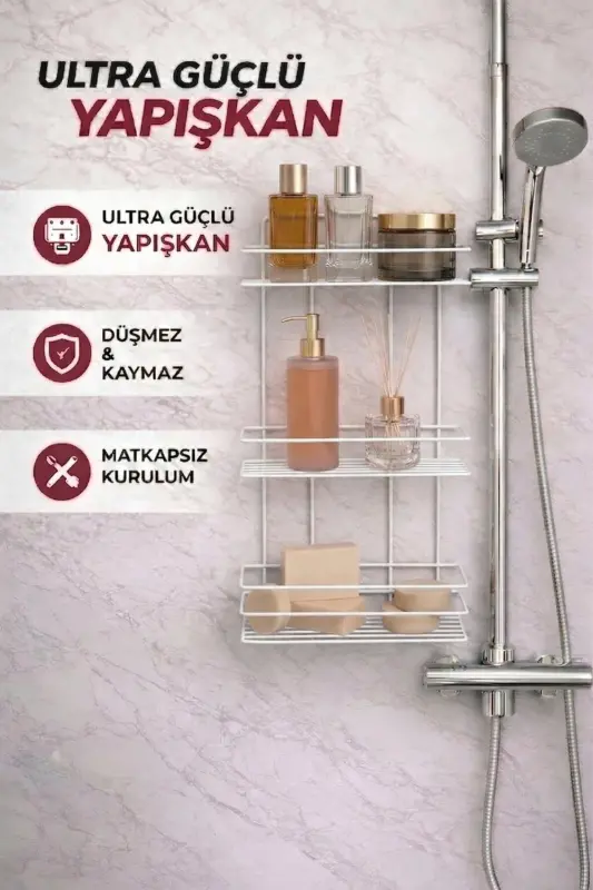3 Katlı Beyaz Yapışkanlı Banyo Rafı, Şampuanlık Duş Düzenleyici, Metal Banyo Duvar Askısı - Beyaz - 4