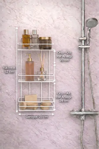 3 Katlı Beyaz Yapışkanlı Banyo Rafı, Şampuanlık Duş Düzenleyici, Metal Banyo Duvar Askısı - Beyaz - 8