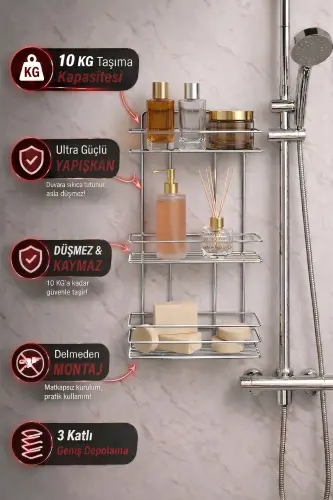 3 Katlı Krom Yapışkanlı Banyo Rafı, Şampuanlık Duş Düzenleyici, Metal Banyo Duvar Askısı - Krom - 1