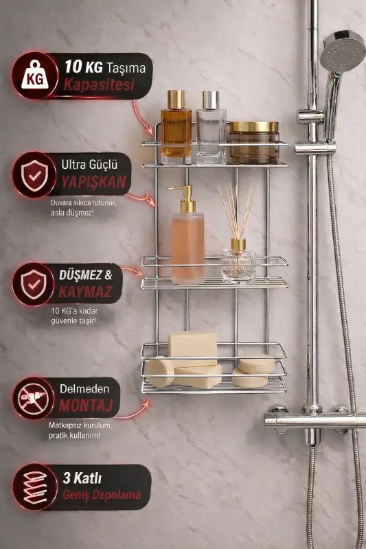 3 Katlı Krom Yapışkanlı Banyo Rafı, Şampuanlık Duş Düzenleyici, Metal Banyo Duvar Askısı - Krom - 1