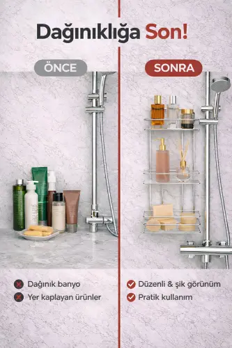 3 Katlı Krom Yapışkanlı Banyo Rafı, Şampuanlık Duş Düzenleyici, Metal Banyo Duvar Askısı - Krom - 3