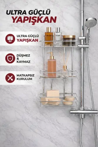 3 Katlı Krom Yapışkanlı Banyo Rafı, Şampuanlık Duş Düzenleyici, Metal Banyo Duvar Askısı - Krom - 4