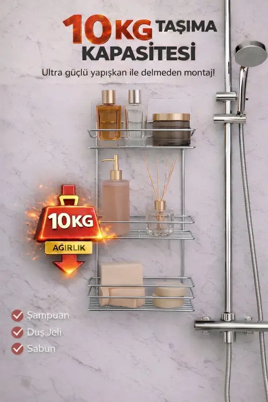 3 Katlı Krom Yapışkanlı Banyo Rafı, Şampuanlık Duş Düzenleyici, Metal Banyo Duvar Askısı - Krom - 5