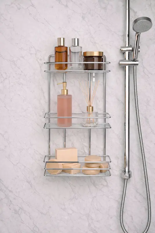 3 Katlı Krom Yapışkanlı Banyo Rafı, Şampuanlık Duş Düzenleyici, Metal Banyo Duvar Askısı - Krom - 6