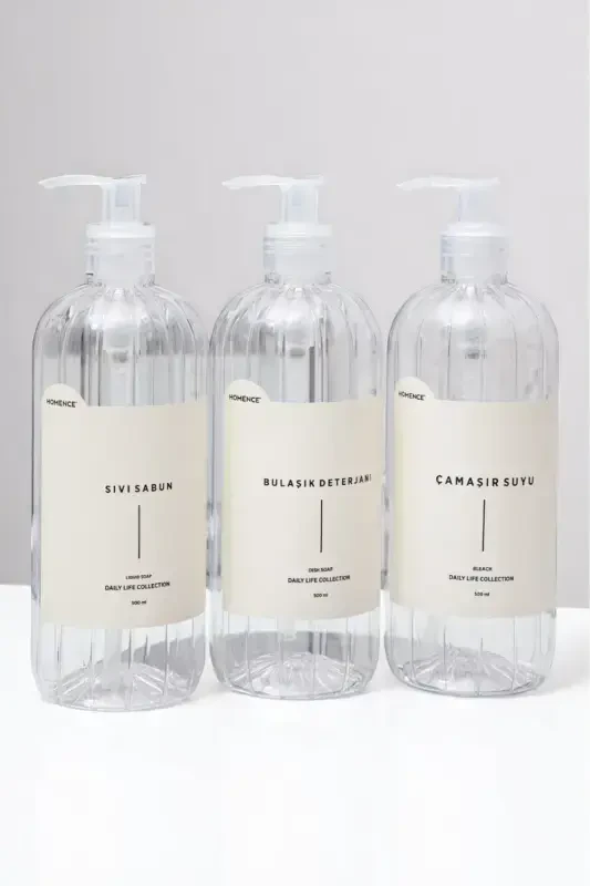 3-компонентное жидкое мыло, средство для мытья посуды, отбеливатель в пластиковой бутылке с помпой, прозрачный, 500 мл - ПРОЗРАЧНЫЙ - 6
